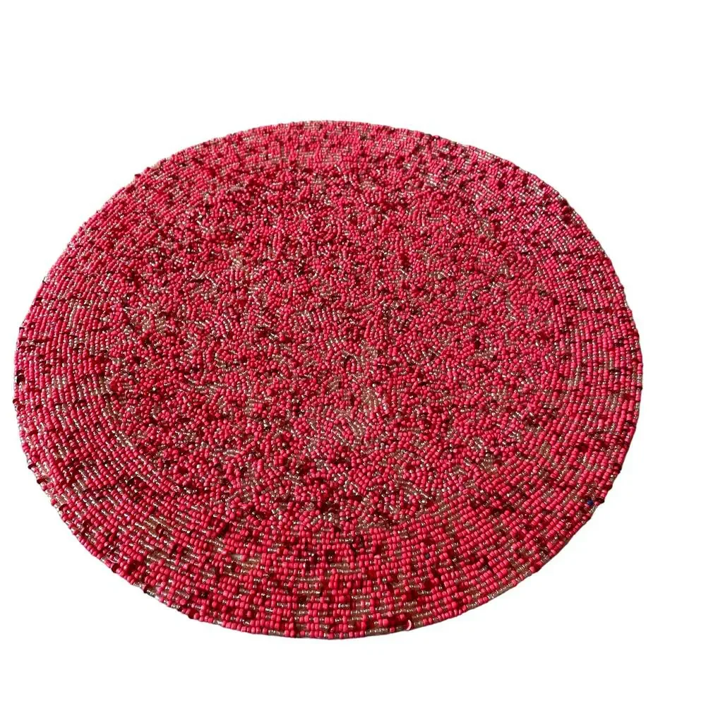 TIRAMISU Handmade Beaded 15in Round Placemat Charger Holiday Red Pink Pearl  NEW
